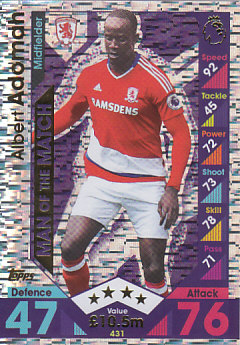 Albert Adomah Middlesbrough 2016/17 Topps Match Attax Man of the Match #431